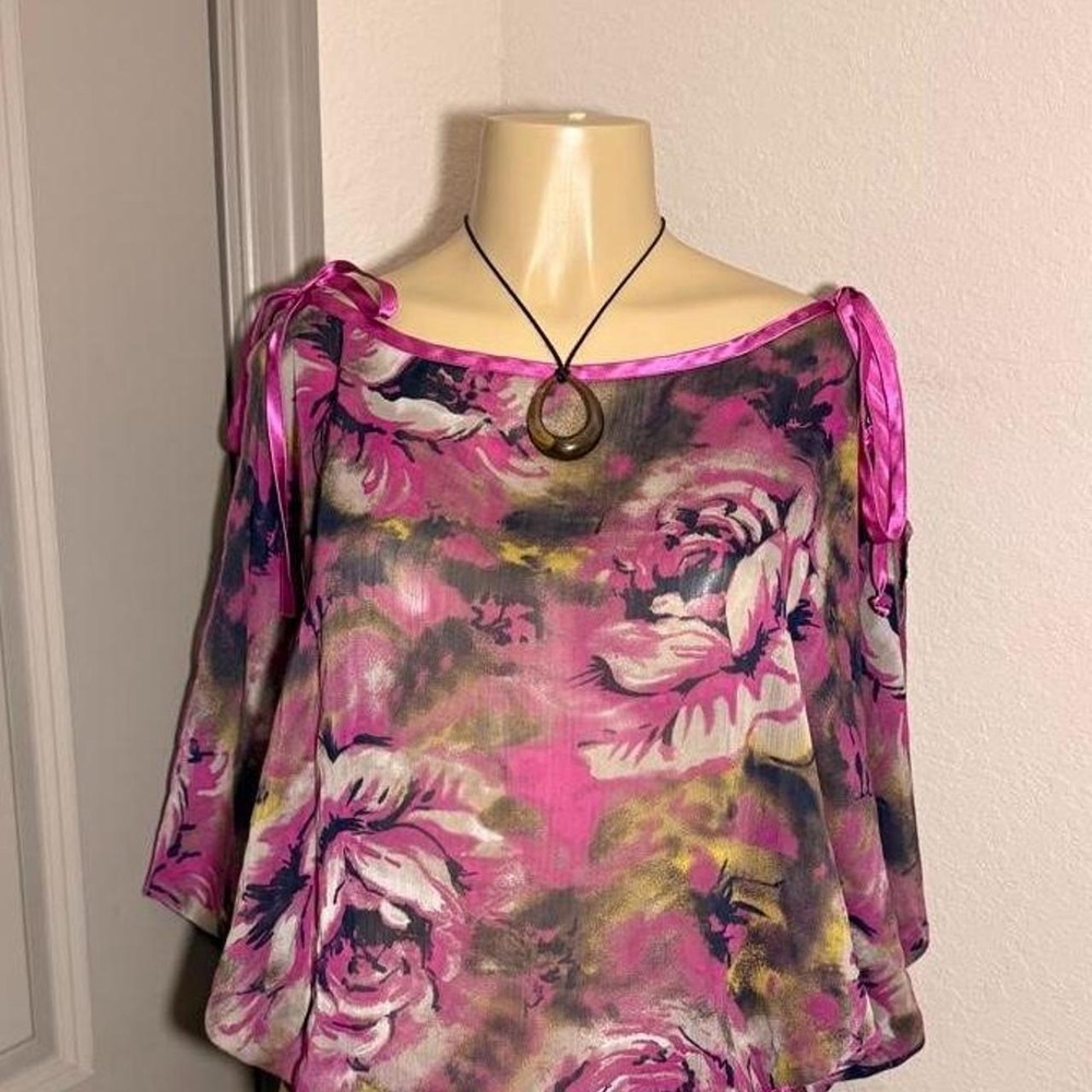 Charlotte Russe Pink & purple floral blouse with tie on shoulders